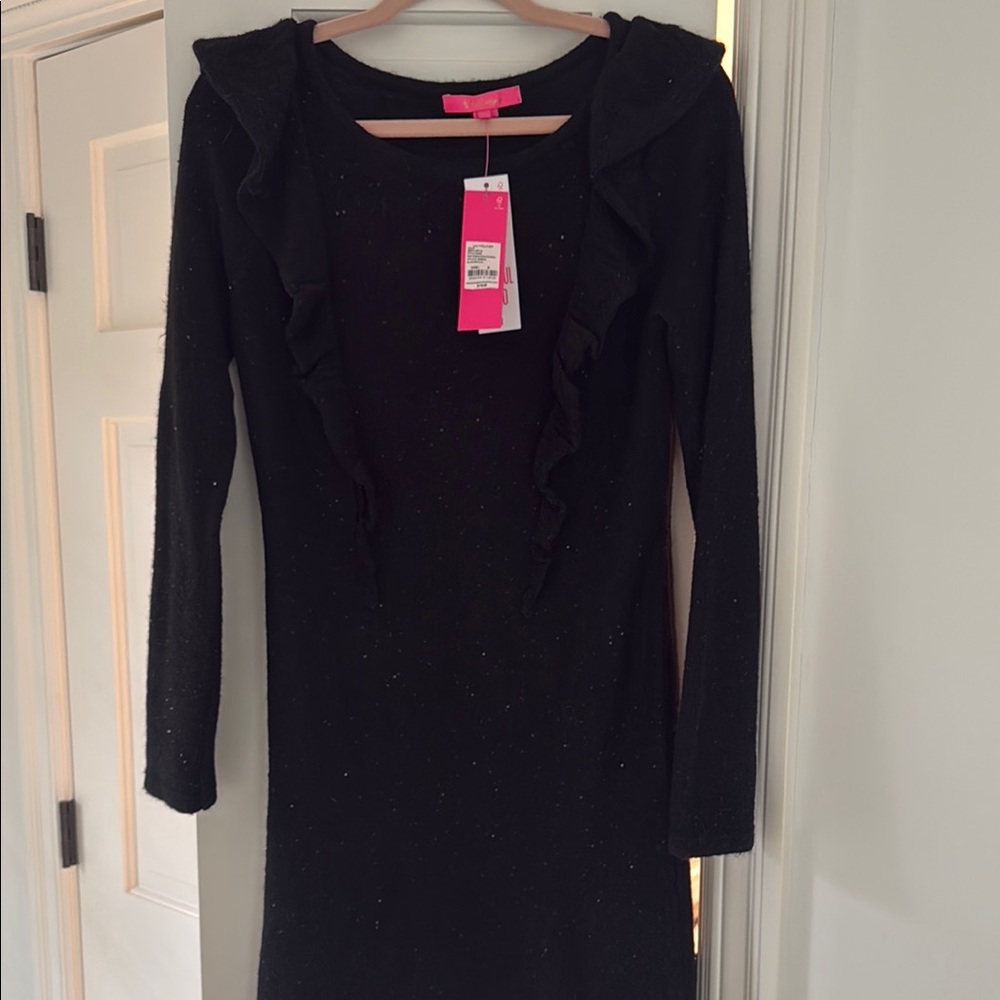 NWT Black shimmer Ruffled Long Sleeve Dress